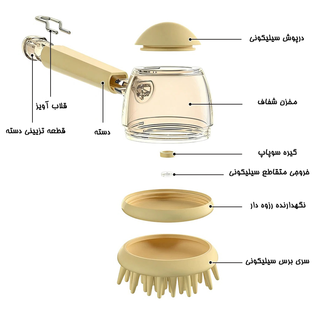برس شستشو مخزن دار دکمه ای سیلیکونی دسته دار
