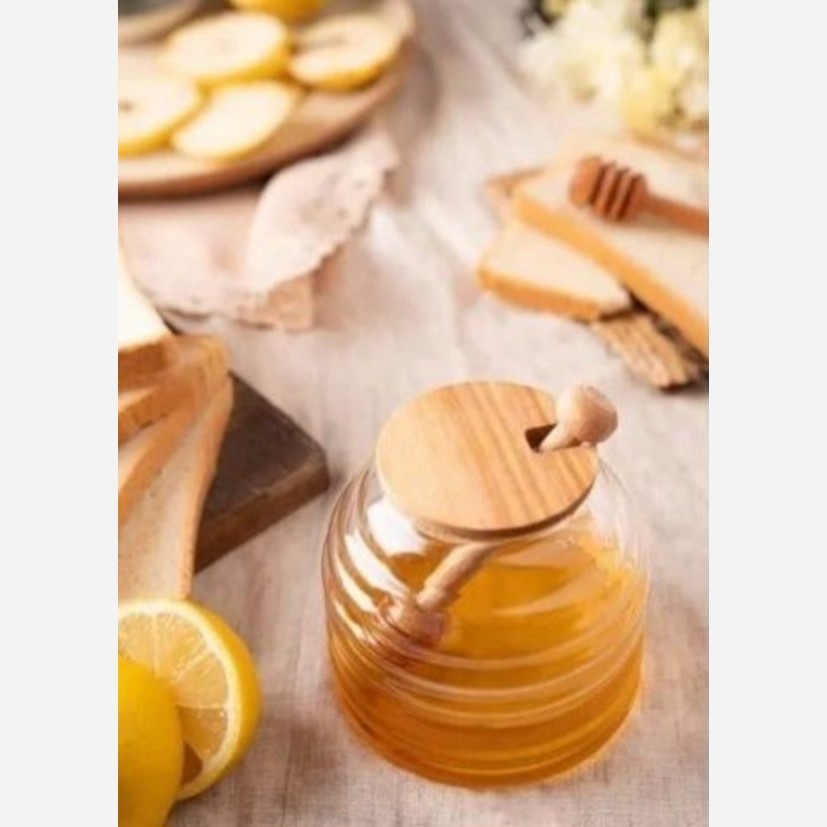 جا عسلی(ظرف عسل) قاشق دار پیرکس درب چوبی جعبه دار