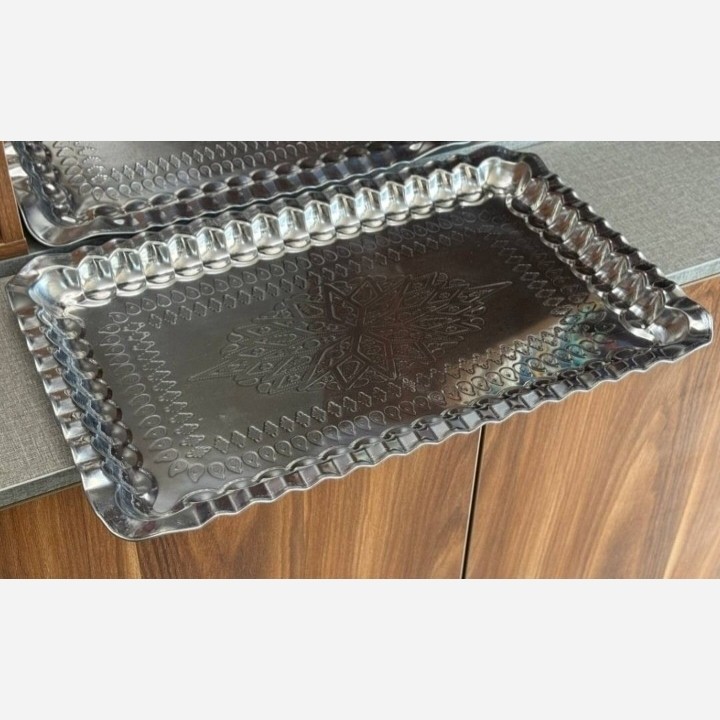 سینی استیل مستطیل طرح مس 43 در 28 (دیس متوسط پذیرایی)