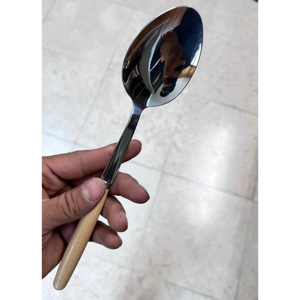 قاشق مرغ (کفگیر) استیل با دسته چوبی بامبو L44