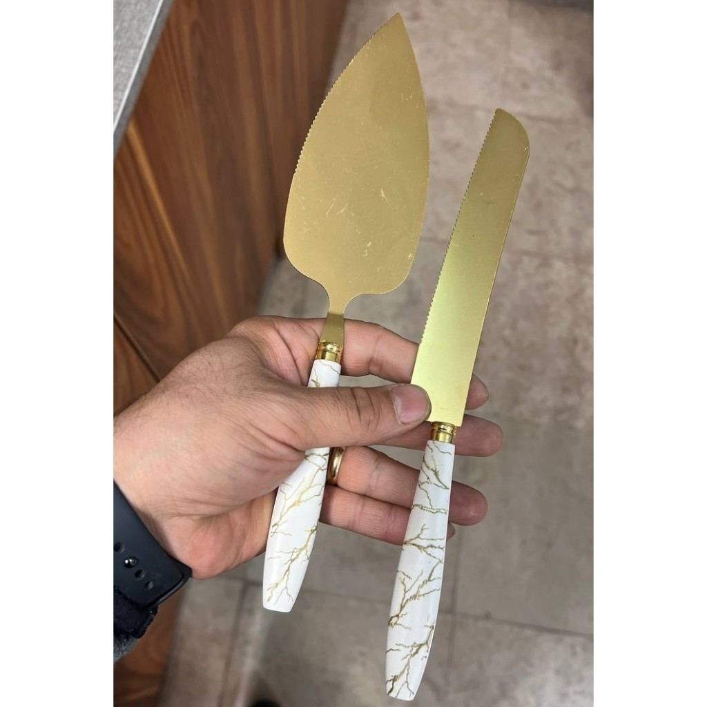 کارد کیک بری (چاقو کیک) طلایی ماربل دسته پلاستیک 24cm
