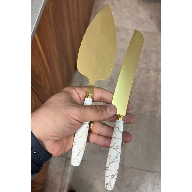 کارد کیک بری (چاقو کیک) طلایی ماربل دسته پلاستیک 24cm