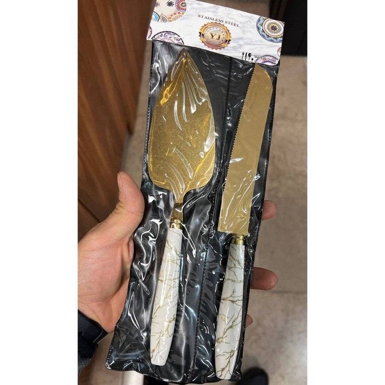 کارد کیک بری (چاقو کیک) طلایی ماربل دسته پلاستیک 24cm