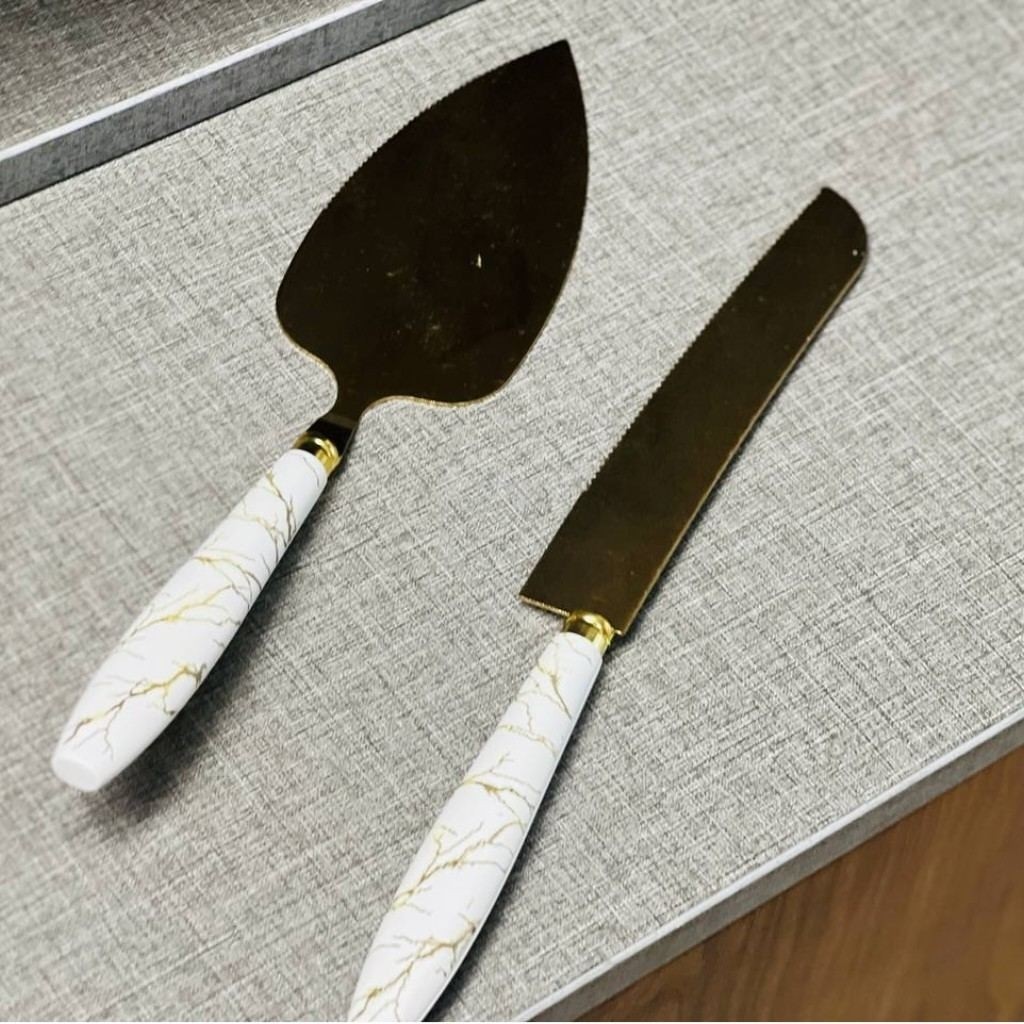 کارد کیک بری (چاقو کیک) طلایی ماربل دسته پلاستیک 24cm