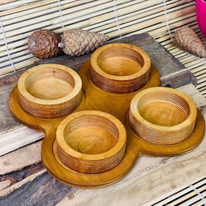 پیاله چوبی 4 عددی (کاسه آجیل خوری) گرد طرح لونه زنبوری